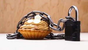 Cake with chain and padlock, diet concept.