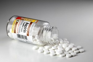 Aspirin bottle with tablets spilling out